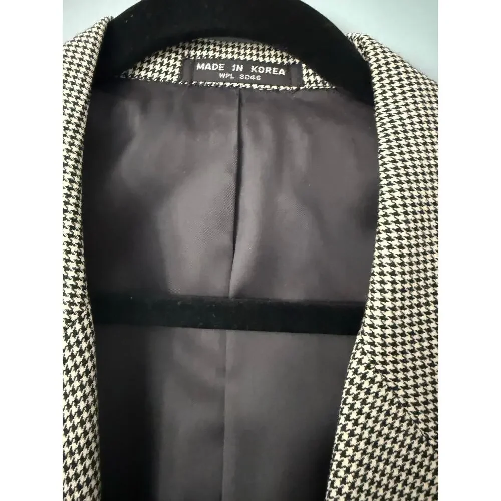 Vintage Macy’s Men’s Wool Blazer Jacket – Black & White Houndstooth – Size 44L